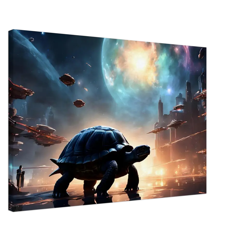 Futuristic turtle cityscape artwork on PixiOnyx Dreamcore Wall Art Cosmic Voyager Canvas