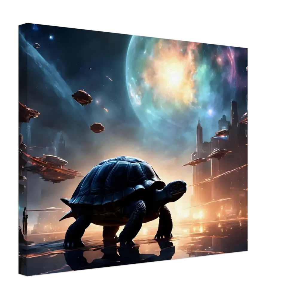 Futuristic turtle in a cityscape for Cosmic Voyager Canvas PixiOnyx Dreamcore Wall Art