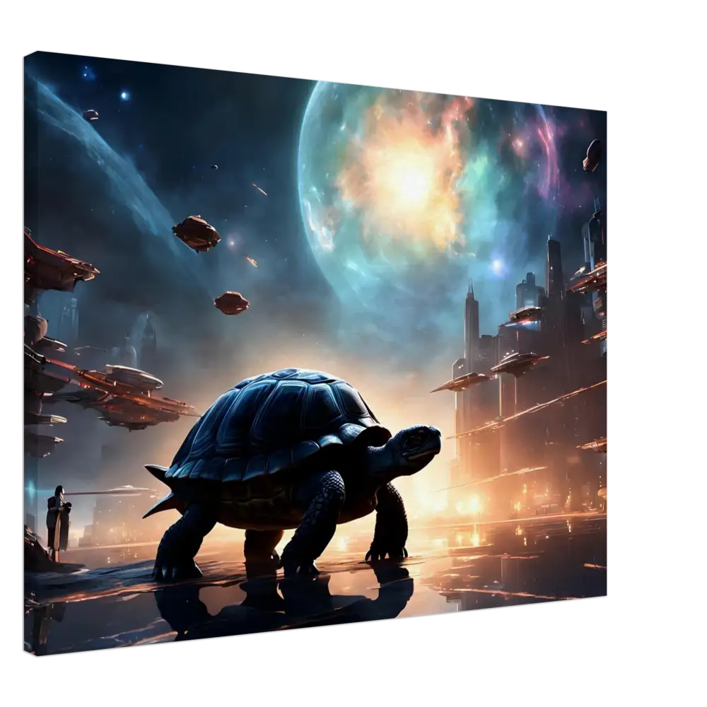 Futuristic turtle cityscape mural for Cosmic Voyager Canvas by PixiOnyx Dreamcore Wall Art