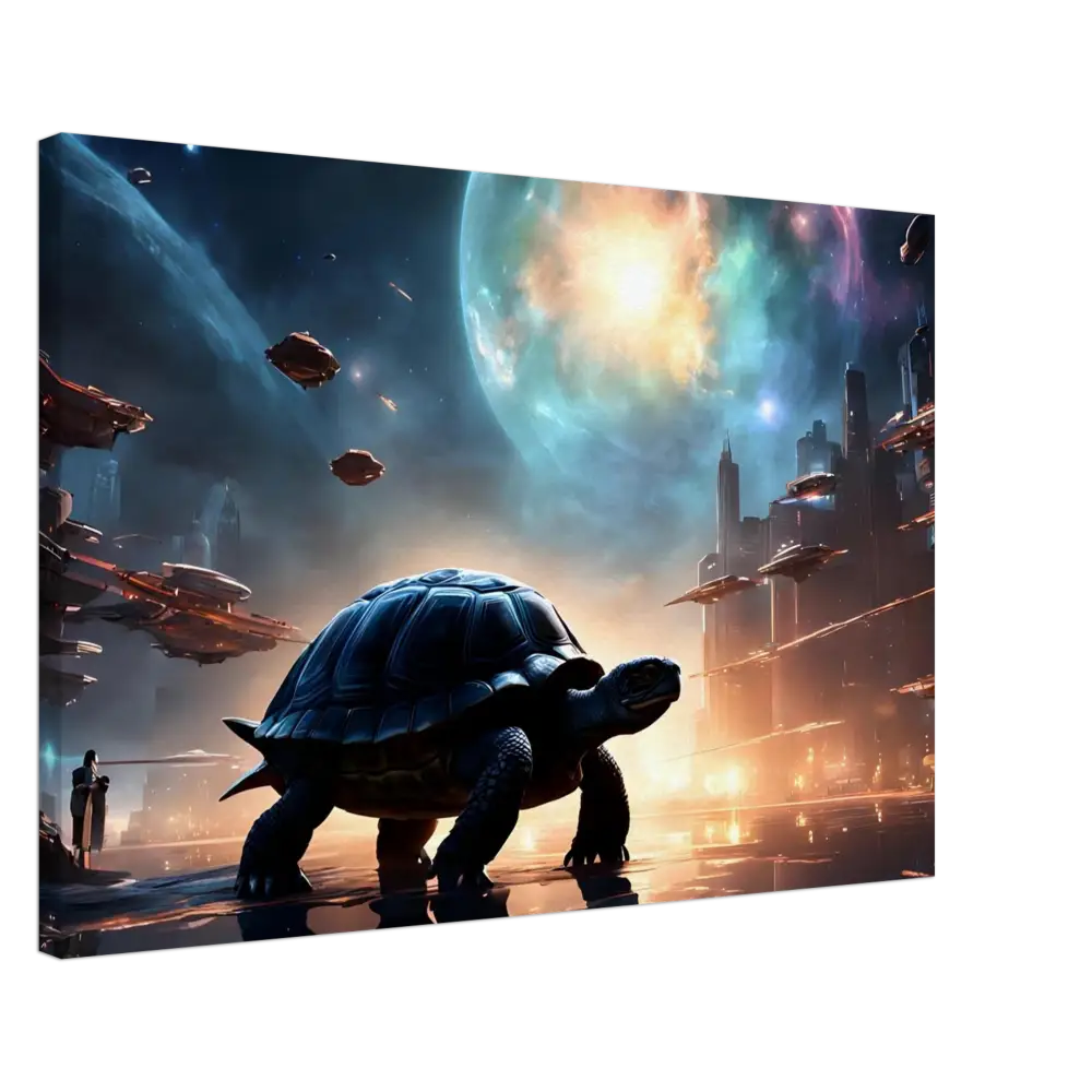 Futuristic Turtle in Cityscape on Cosmic Voyager Canvas PixiOnyx Dreamcore Wall Art