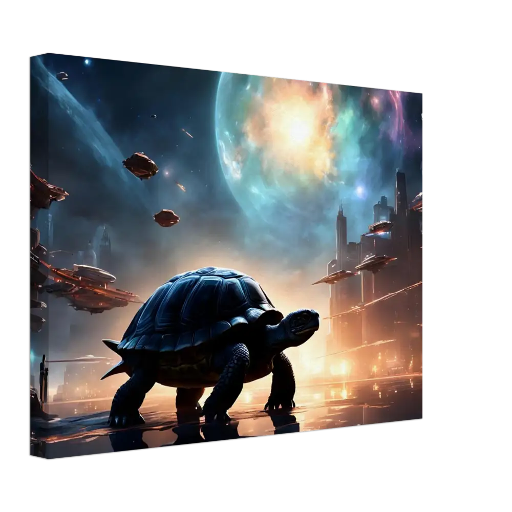 Futuristic turtle set in a vibrant cityscape on Cosmic Voyager Canvas PixiOnyx Dreamcore Wall Art