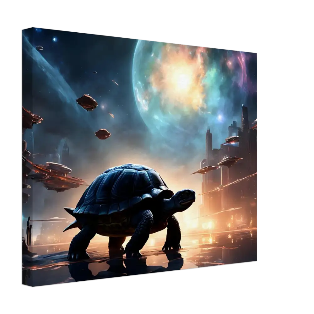 Futuristic turtle canvas artwork in Cosmic Voyager Canvas Shell of the Stars design