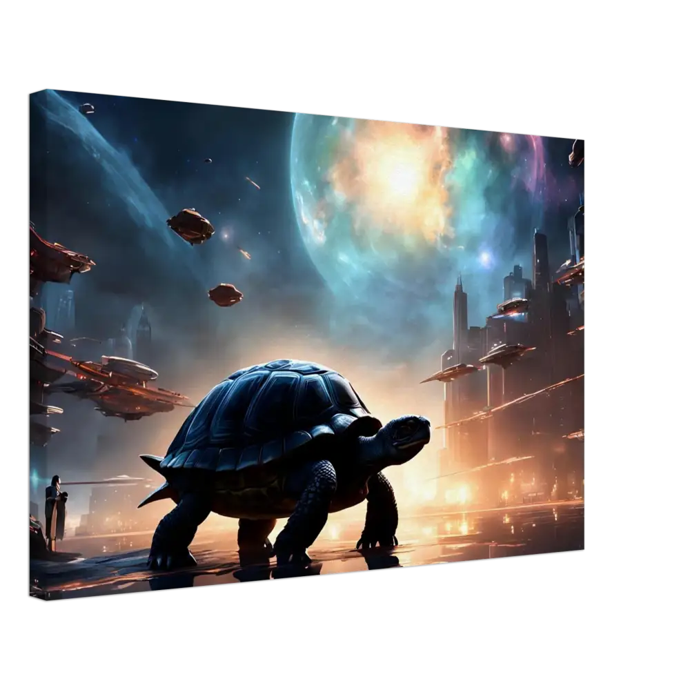 Futuristic Turtle Cityscape Wall Art in Cosmic Voyager Canvas by PixiOnyx Dreamcore