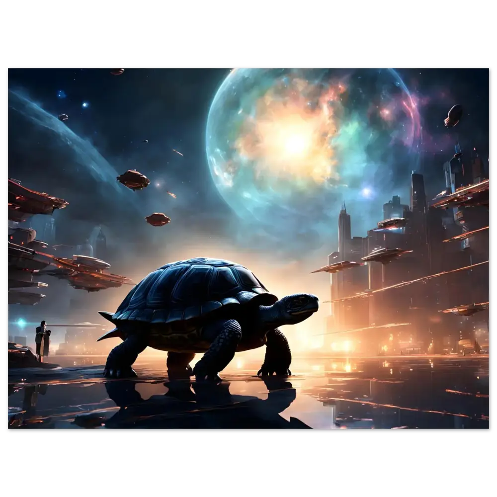 Futuristic turtle in a cityscape for Cosmic Voyager Poster PixiOnyx Fine Art Print