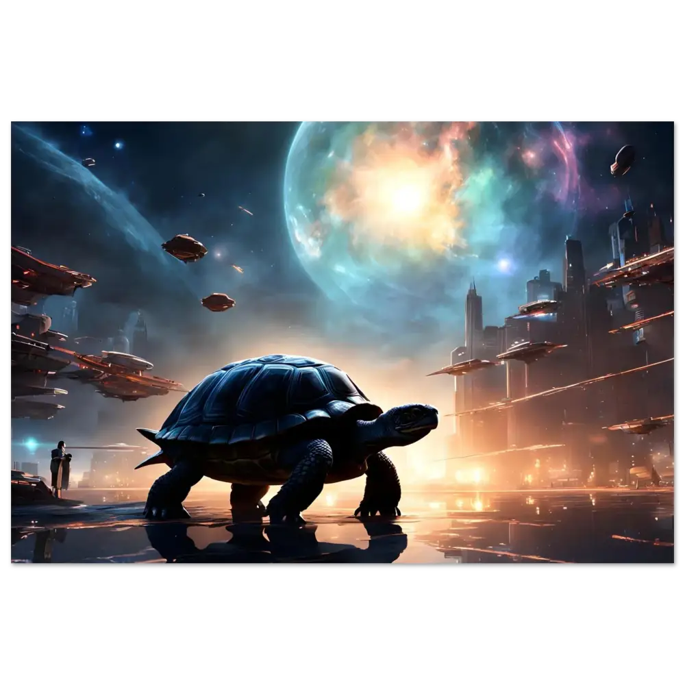 Giant tortoise in a futuristic cityscape on Cosmic Voyager Poster by PixiOnyx Fine Art Print