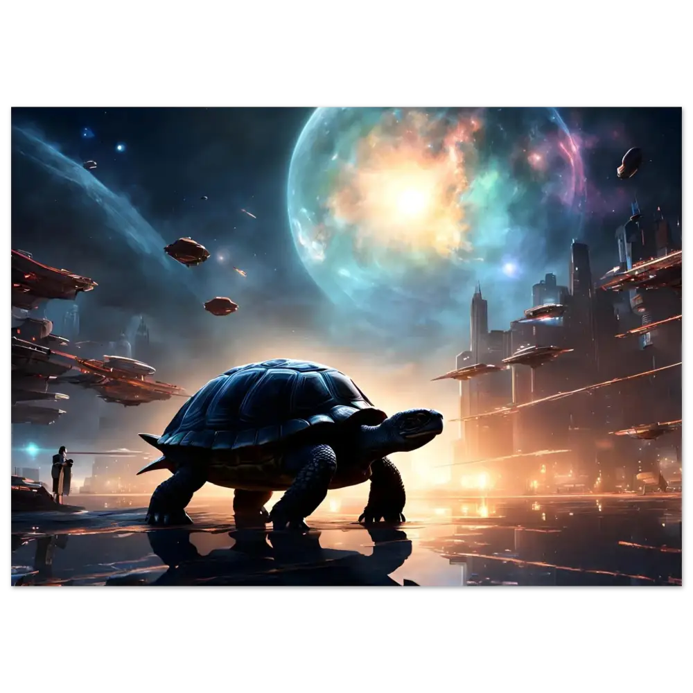 Giant tortoise in a futuristic cityscape on Cosmic Voyager Poster by PixiOnyx Fine Art
