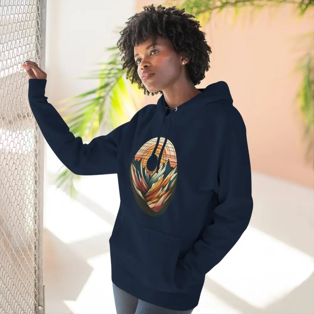 Dark blue three-panel fleece hoodie with colorful graphic print and kangaroo pouch pocket