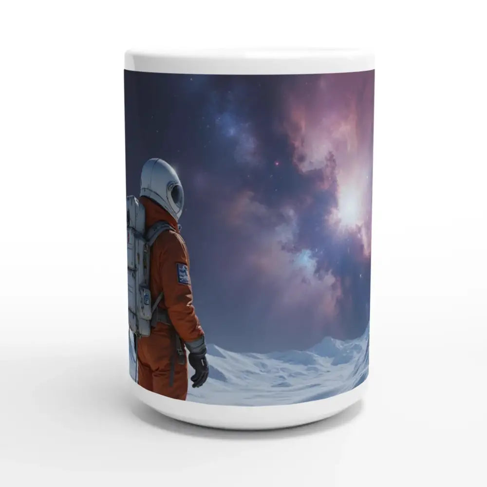 Astronaut-themed ceramic mug with cosmic design in PixiOnyx 15oz Crashed Astronaut Mug