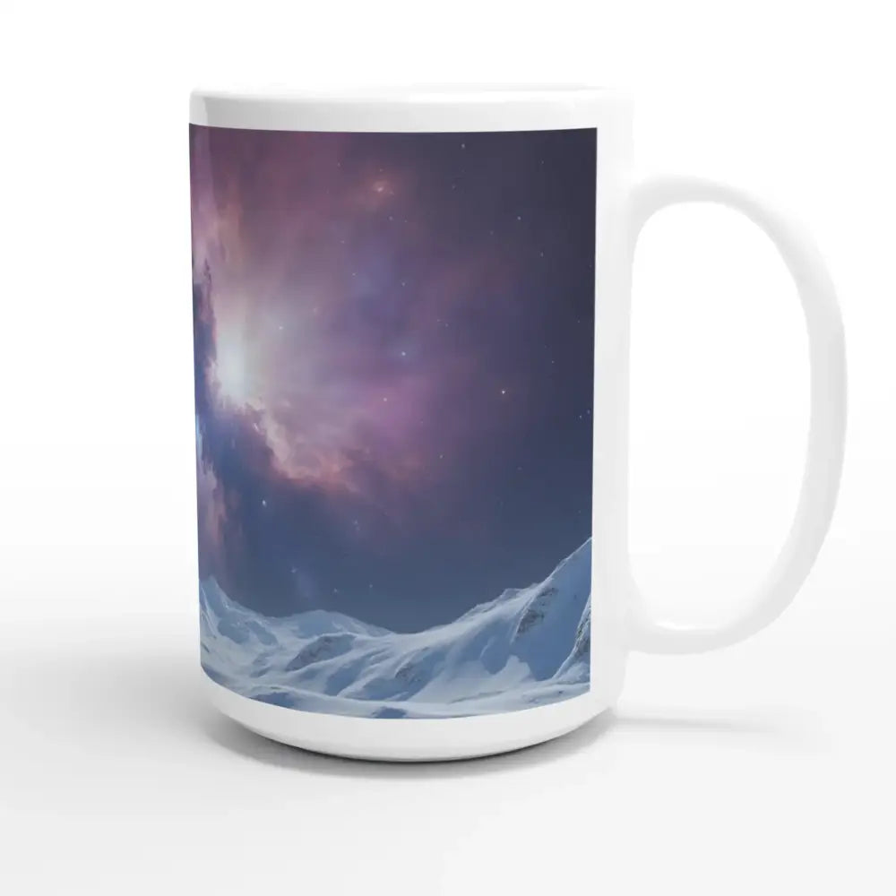 White ceramic mug with nebula and snowy mountain design from Crashed Astronaut Mug Cosmic Silence PixiOnyx 15oz