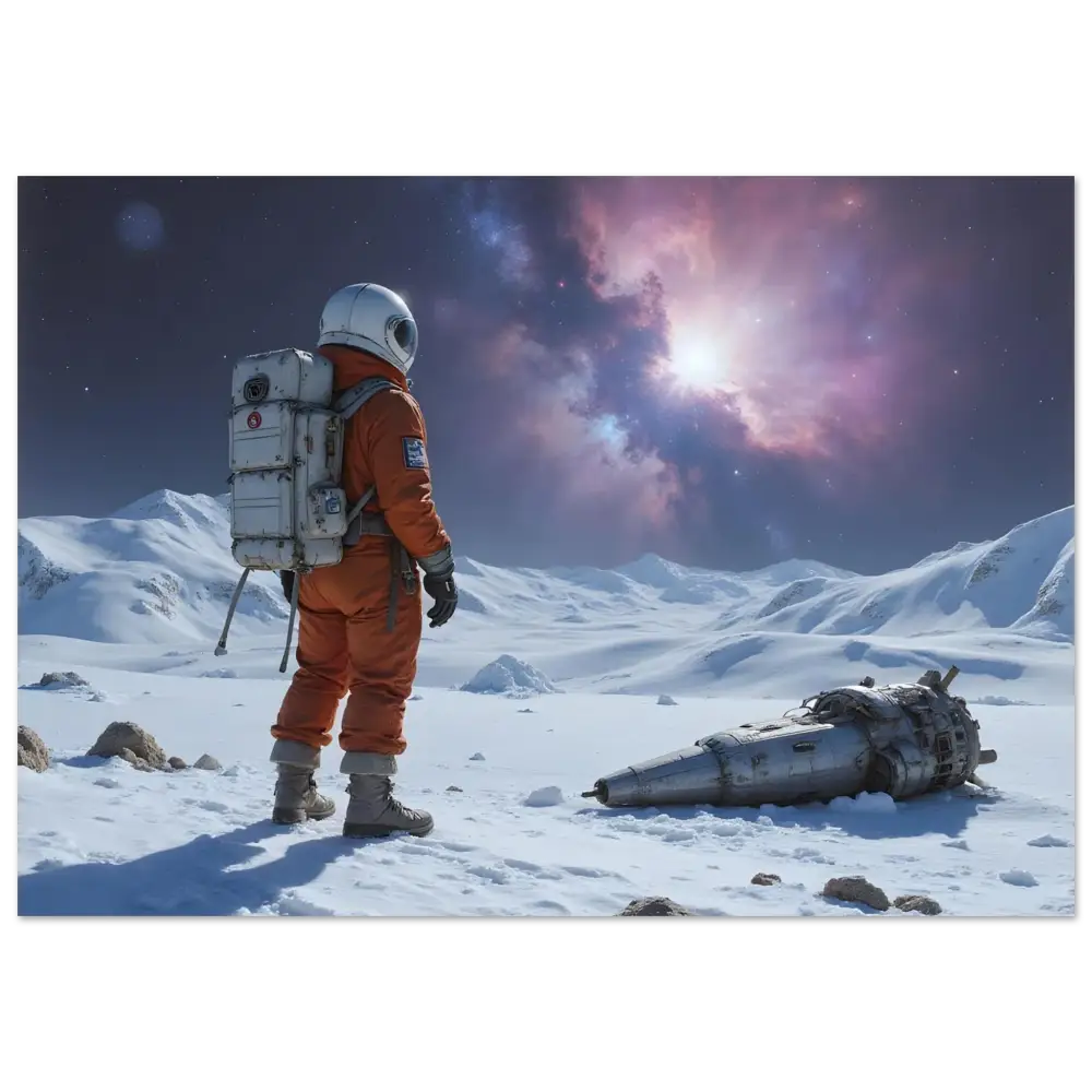 Orange spacesuit with backpack depicted in Crashed Astronaut Poster Silent Descent PixiOnyx Fine Art Print