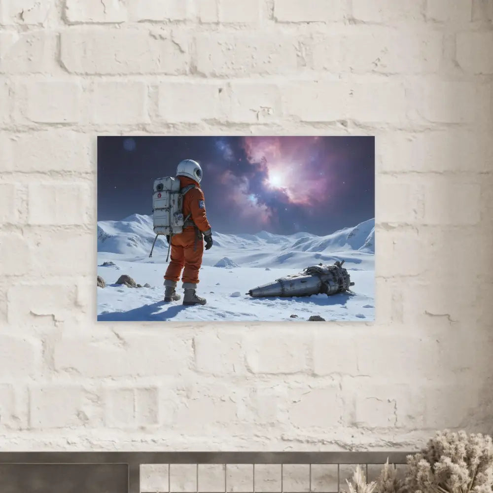 Crashed Astronaut Poster depicting an astronaut and a crashed spacecraft by PixiOnyx Fine Art Print