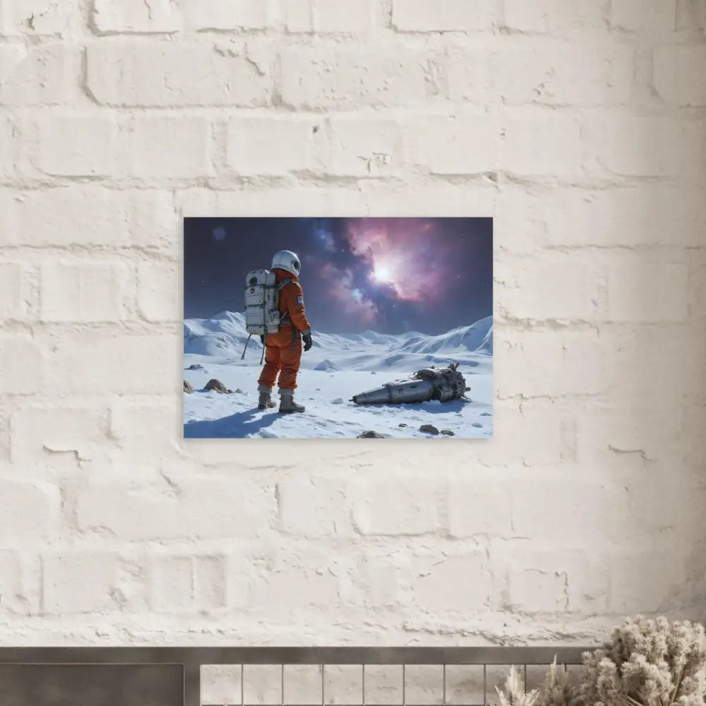 Astronaut standing on snowy alien landscape in PixiOnyx Crashed Astronaut Poster