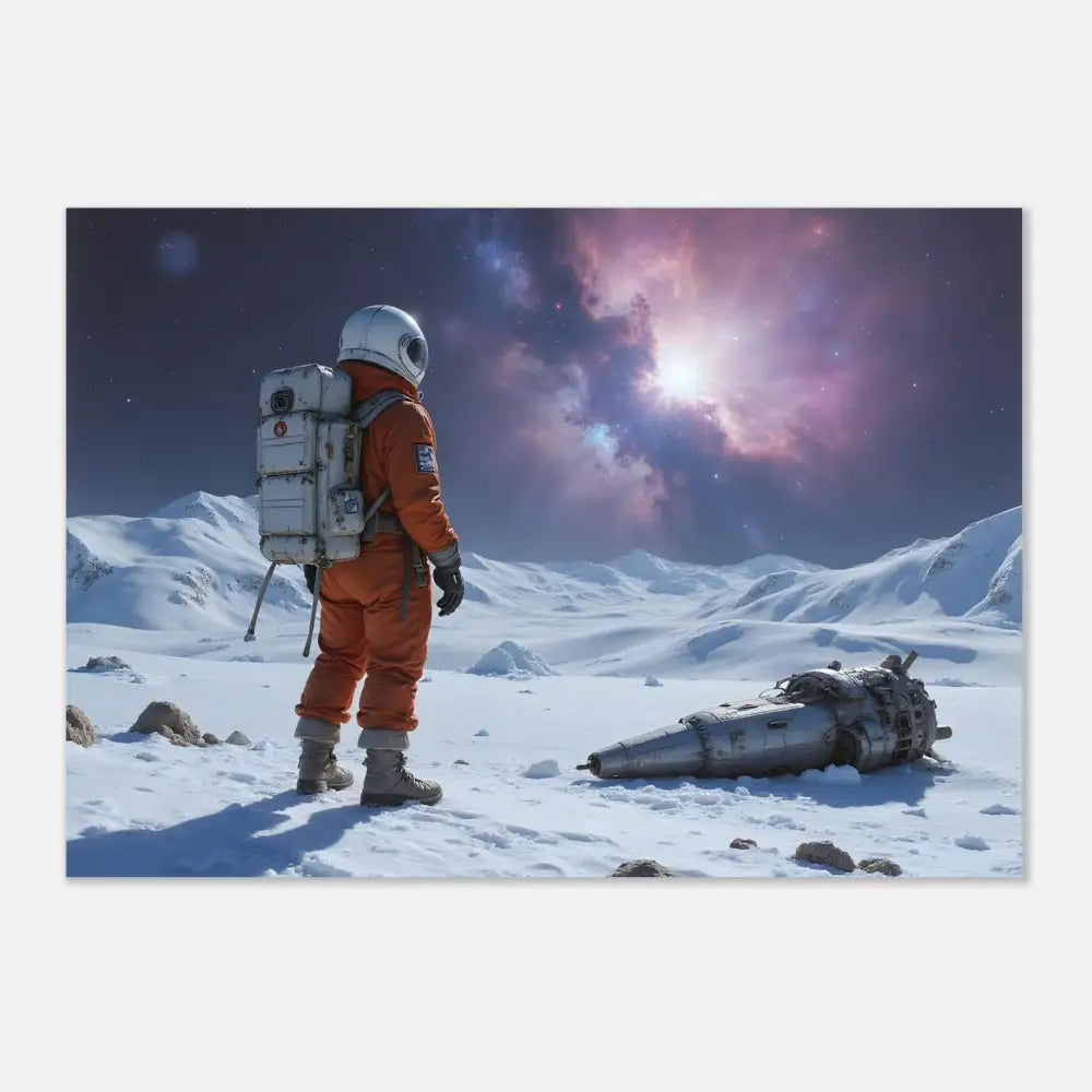 Astronaut in orange suit beside crashed spacecraft on PixiOnyx Fine Art Print poster