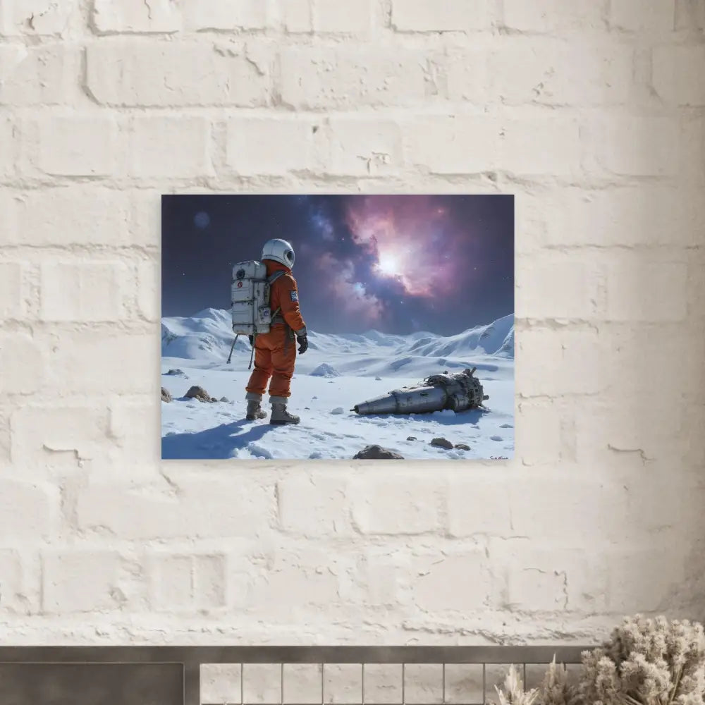 Astronaut and crashed spacecraft art poster for space enthusiasts and collectors