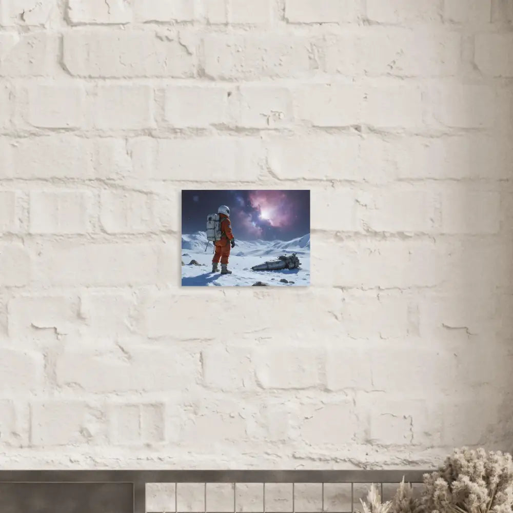 Astronaut standing on a desolate planet in front of a crashed spacecraft for PixiOnyx Fine Art Print