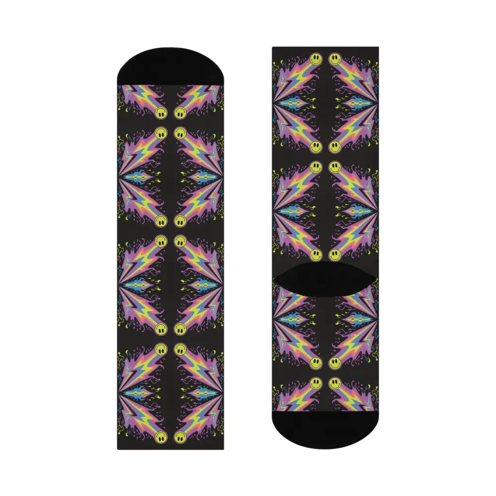 Cushioned crew socks with neon smiley bolt and smiley bolt burst pattern in vibrant streetwear style