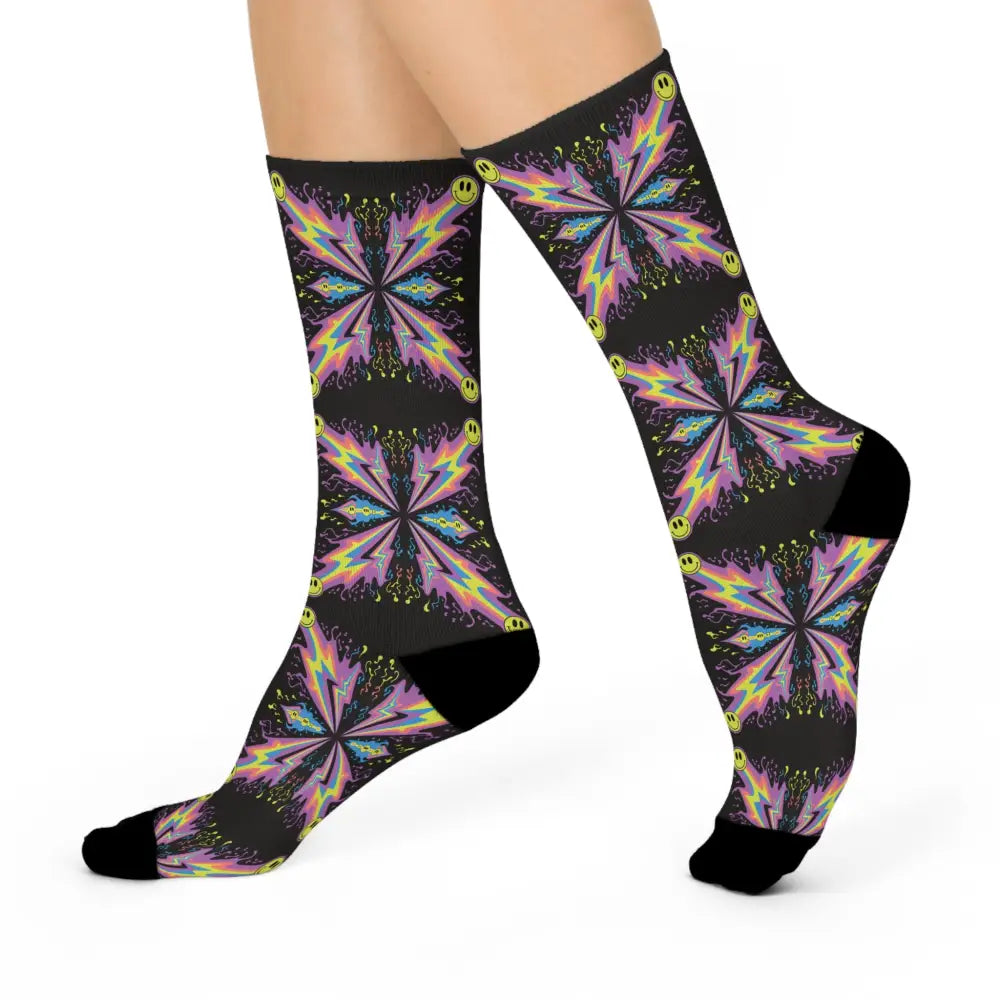 Cushioned crew socks with neon smiley bolt and smiley bolt burst pattern, colorful lightning bolts