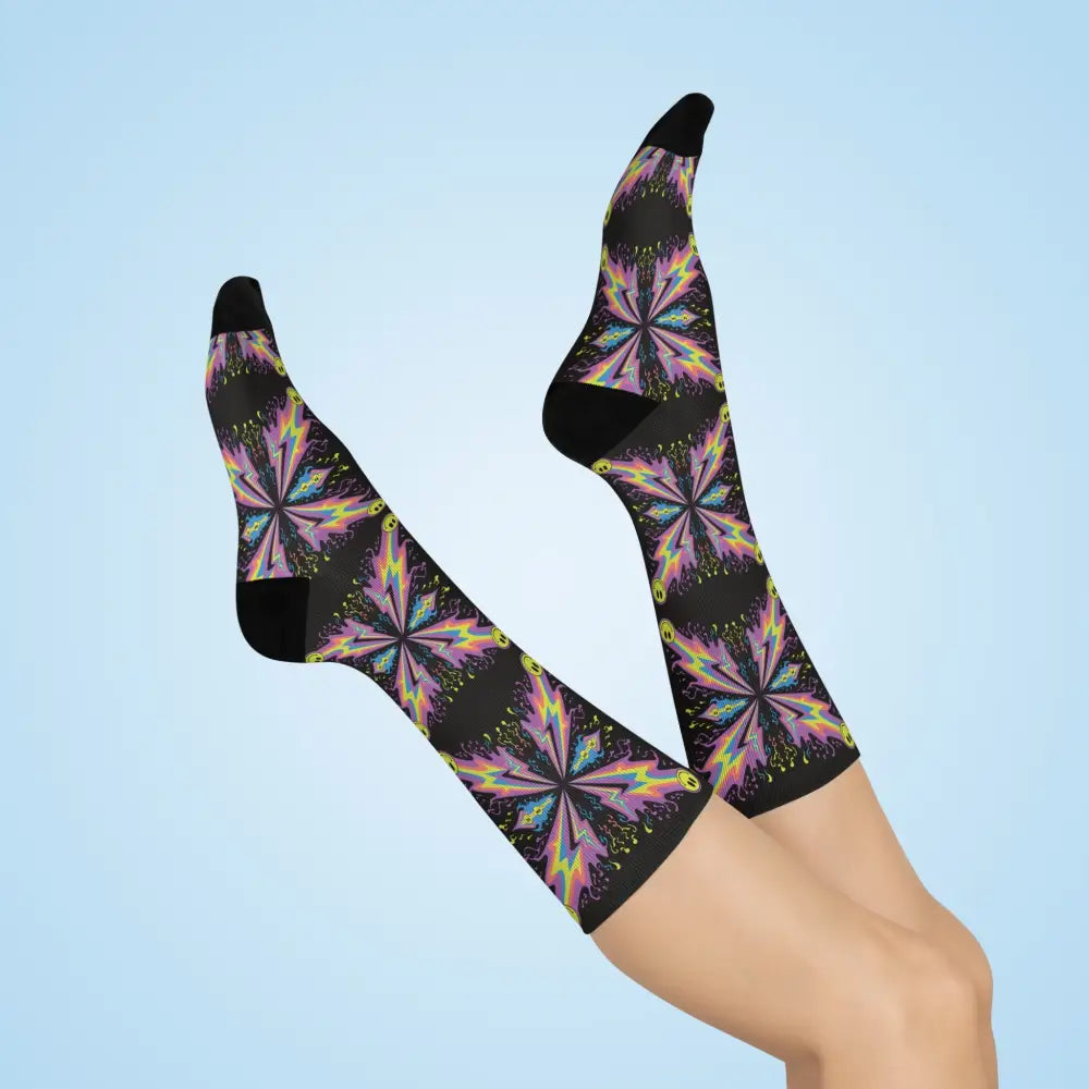 Cushioned crew socks with colorful starburst pattern featuring neon smiley bolt and smiley bolt burst design