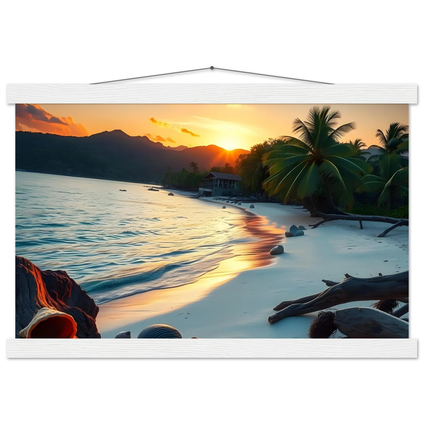 Tropical beach sunset print poster with hanger for stylish wall decor
