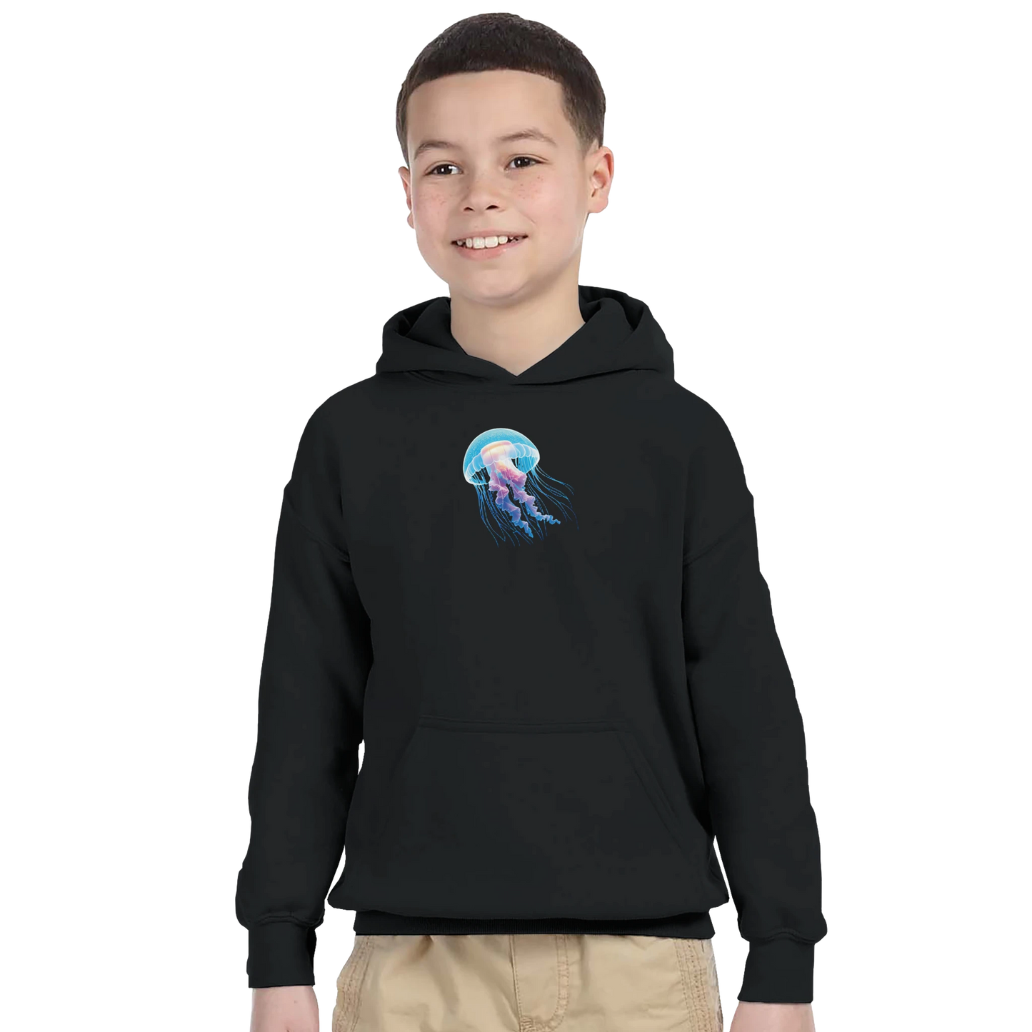 Black hoodie with glowing jellyfish design from PixiOnyx Ocean Reverie collection