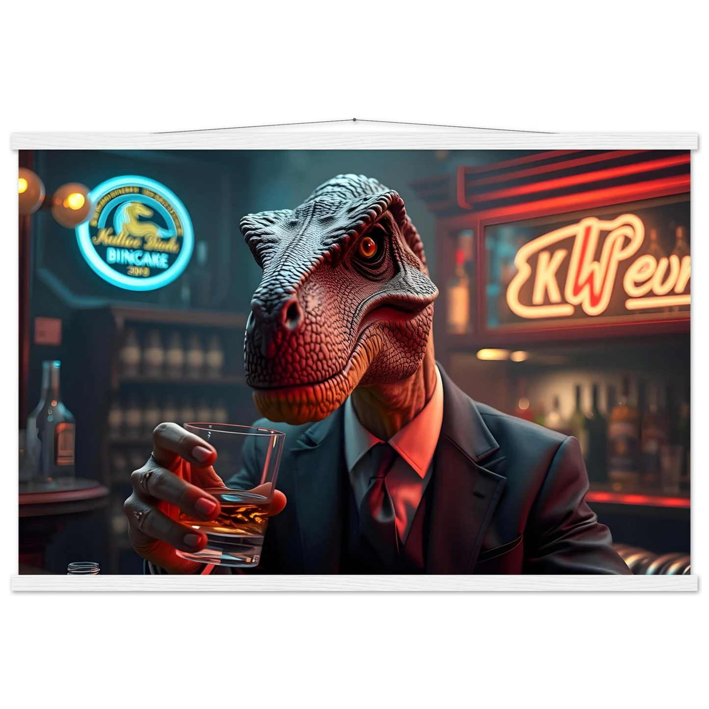 Dinosaur in a suit drinking whiskey on PixiOnyx Hanging Poster for After Hours Instincts