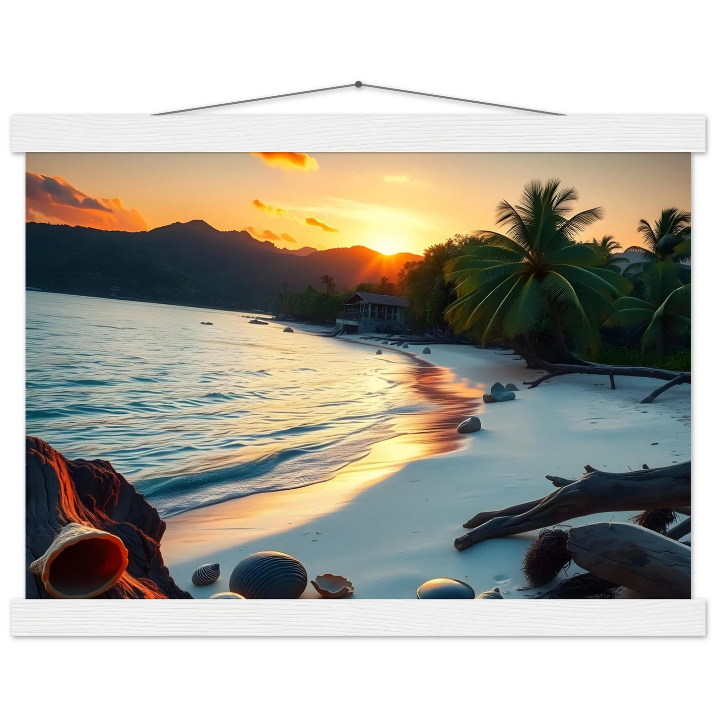 Framed tropical beach sunset scene wall art for vibrant sunset decor