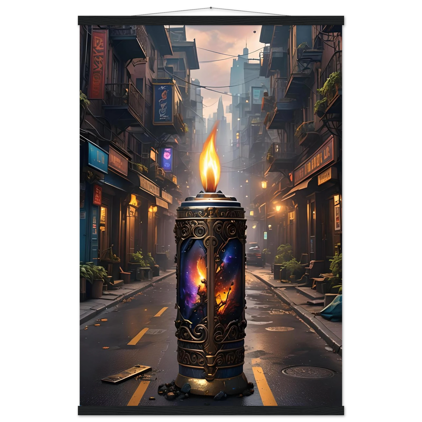 Ornate candle with cosmic imagery from Galactic Flame Hanging Matte Poster PixiOnyx Exclusive