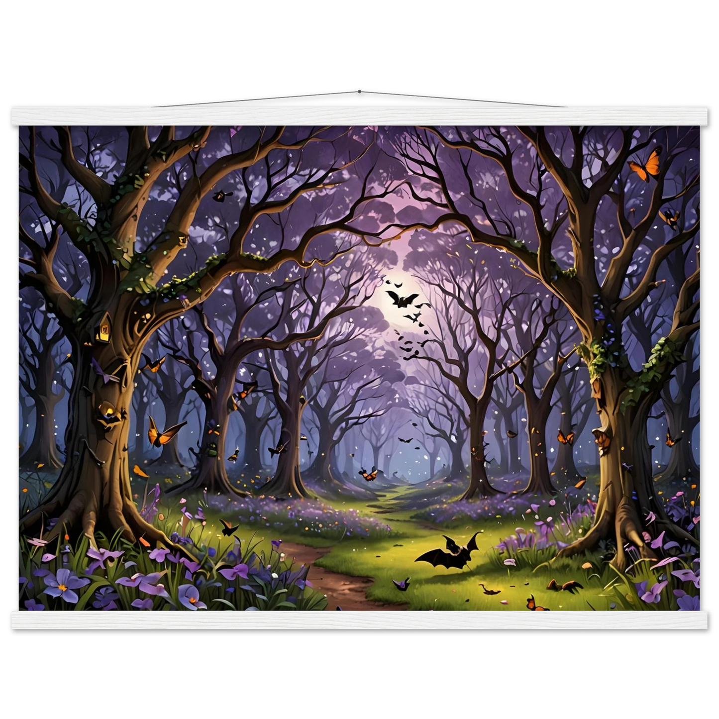 Enchanted forest scene with bats and butterflies on PixiOnyx Premium Matte Poster