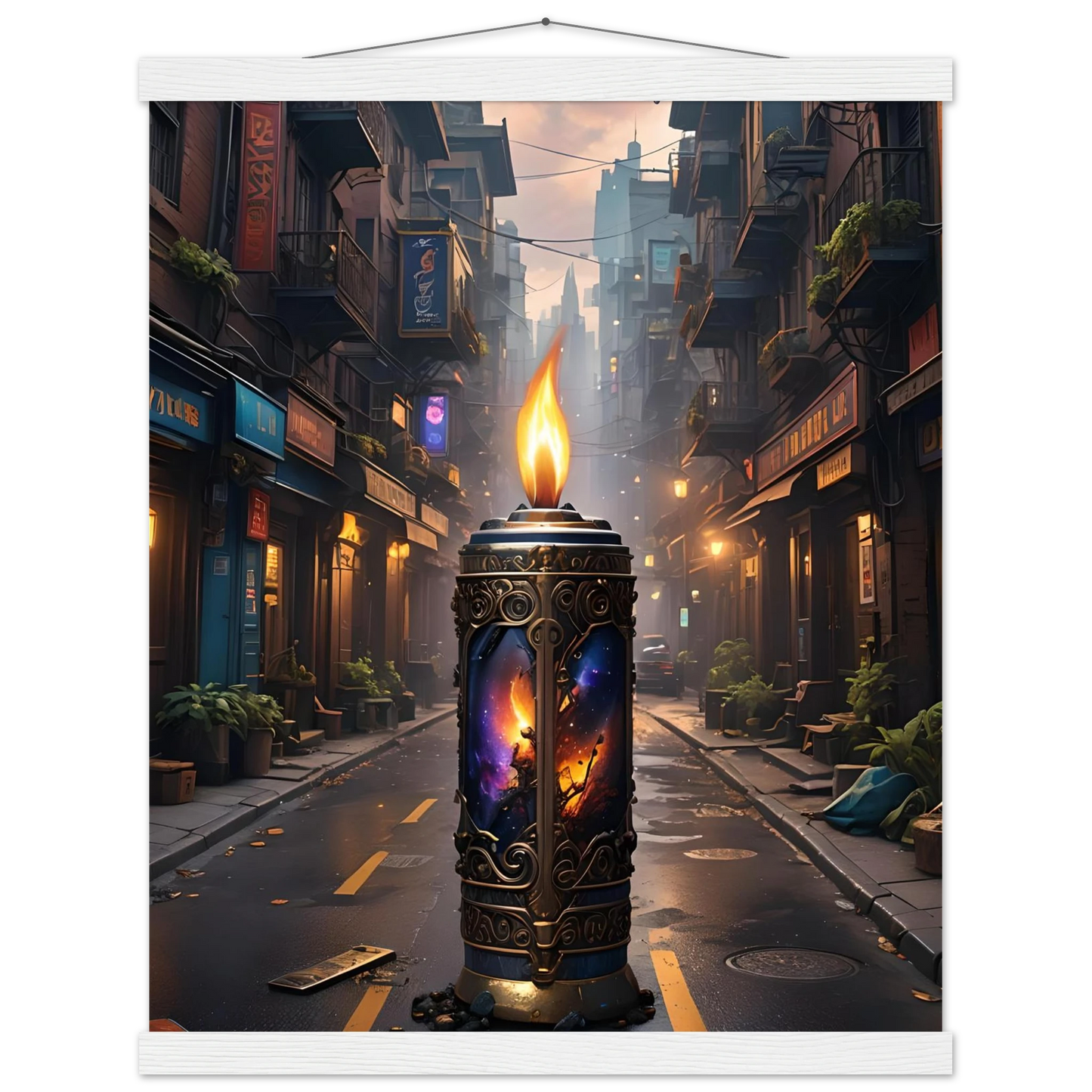 Ornate candle featuring cosmic imagery from Galactic Flame Hanging Matte Poster PixiOnyx