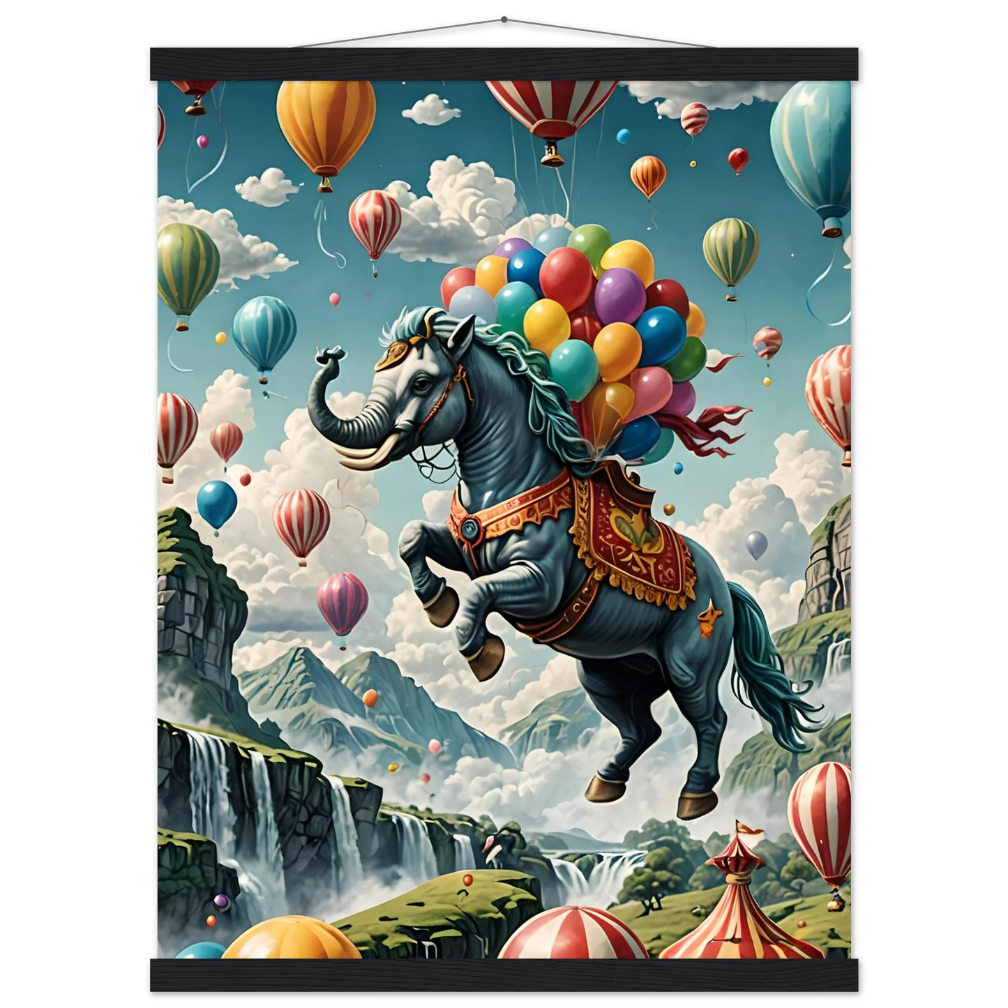 Whimsical elephant-horse hybrid with colorful balloons on Skybound Majesty poster