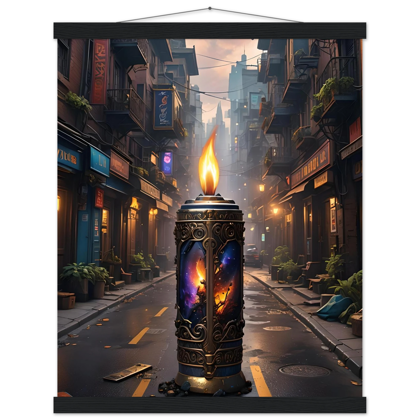 Ornate candle with cosmic imagery from Galactic Flame Hanging Matte Poster by PixiOnyx