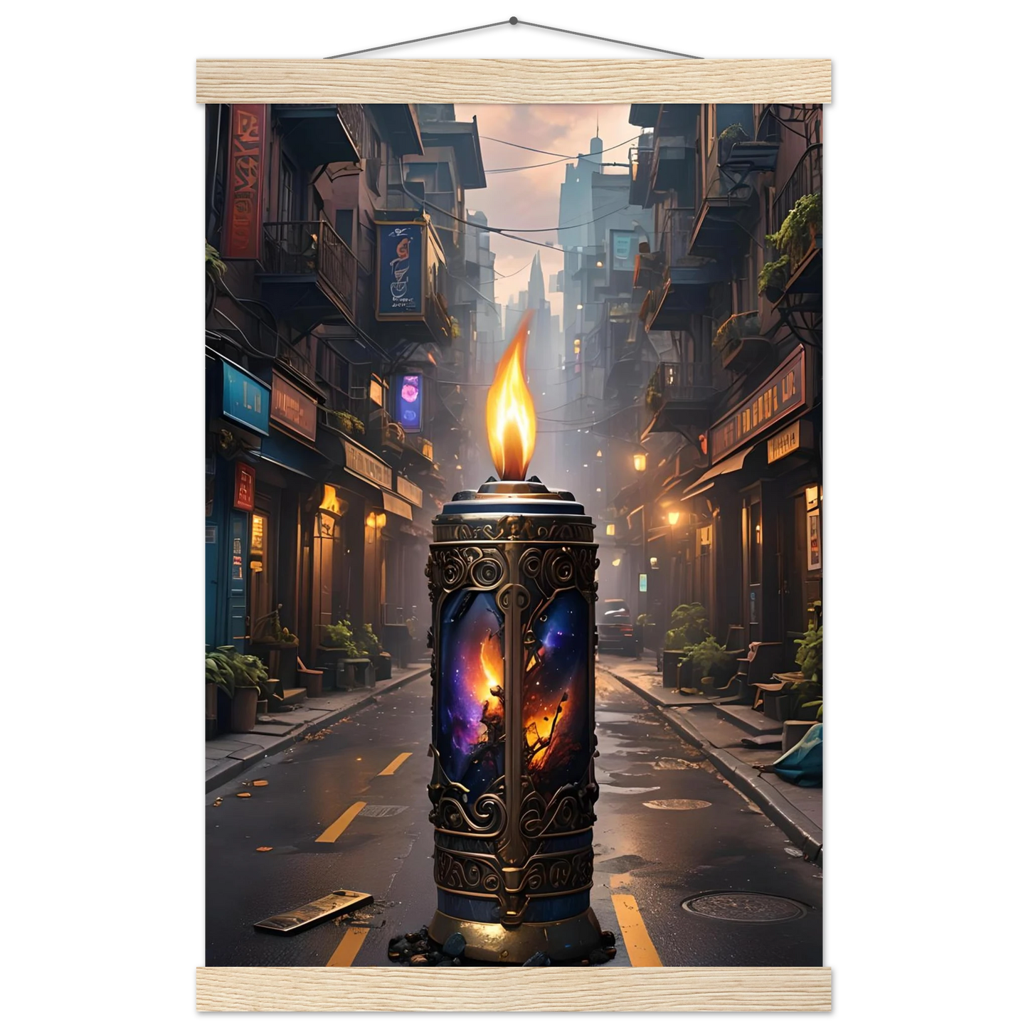 Ornate candle featuring cosmic imagery from Galactic Flame Hanging Matte Poster PixiOnyx