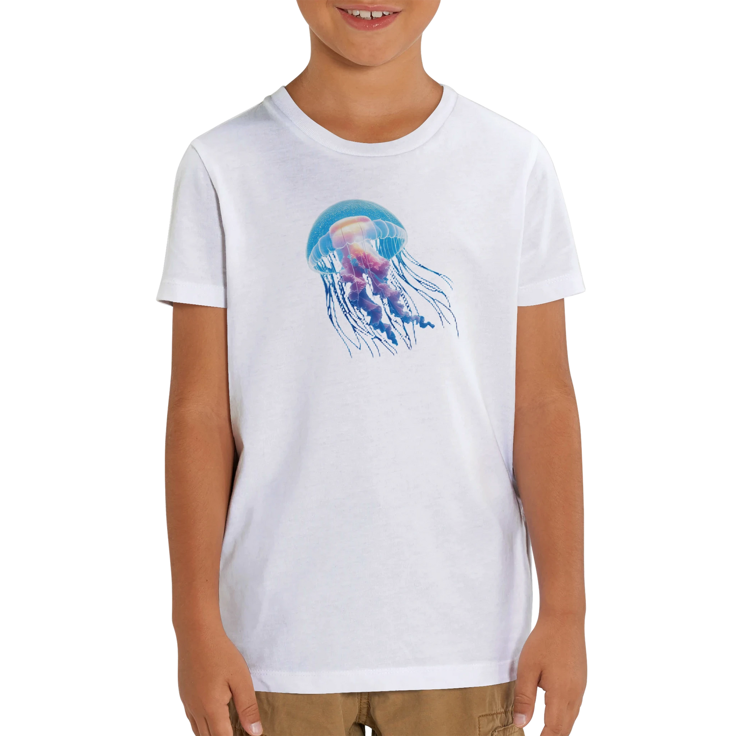 White kids crewneck T-shirt with glowing jellyfish cosmic drift design