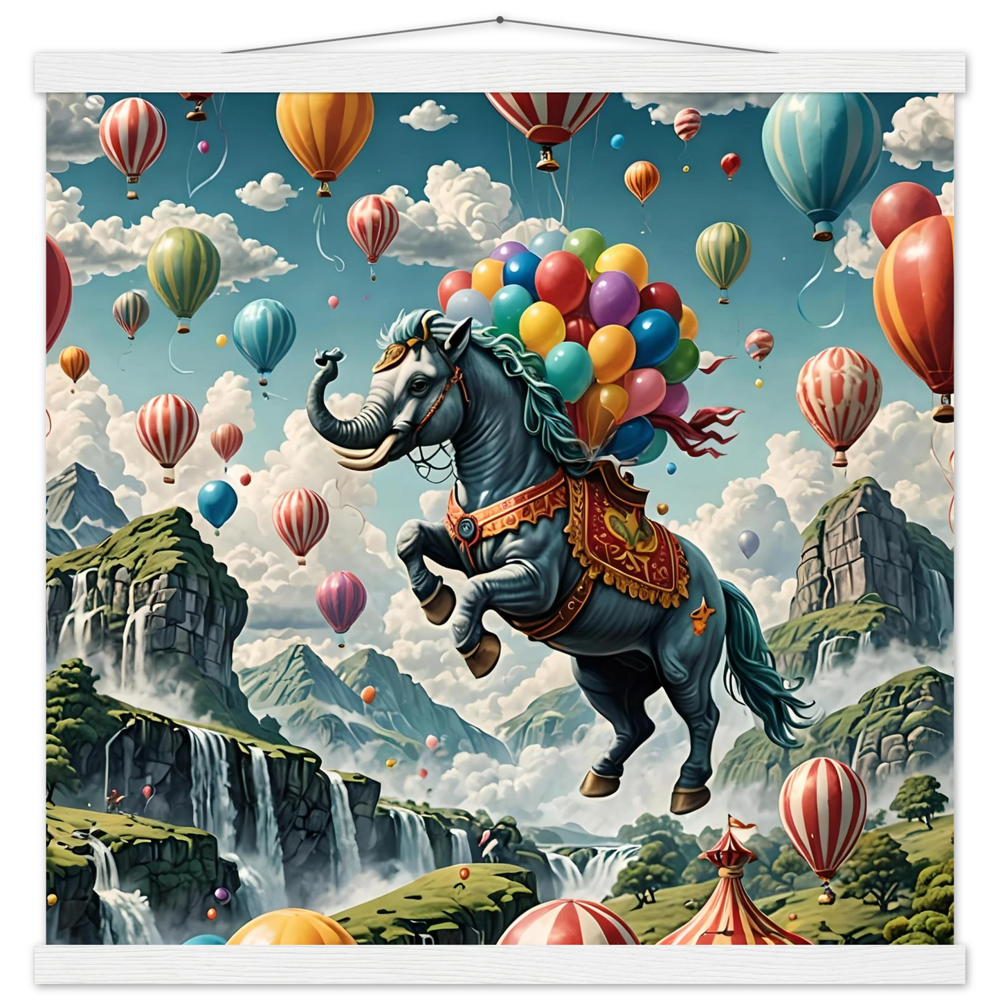 Fantasy elephant-horse hybrid with colorful balloons on Skybound Majesty premium poster