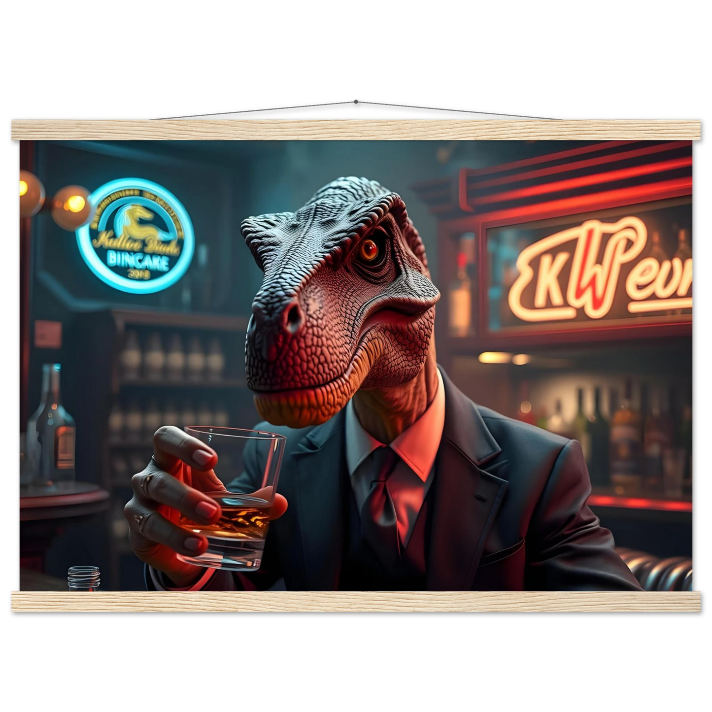 Dinosaur in suit drinking whiskey on PixiOnyx Whiskey Raptor Hanging Poster