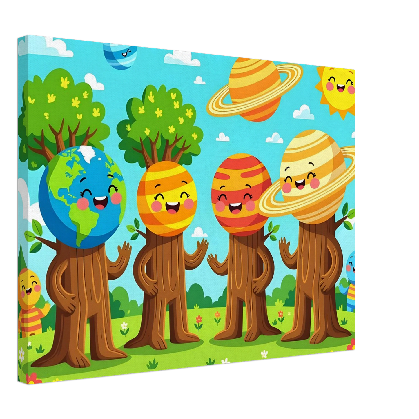 Cartoon planet-headed tree characters from Canvas Cosmic Tree Friends by PixiOnyx Stellar Kids Art