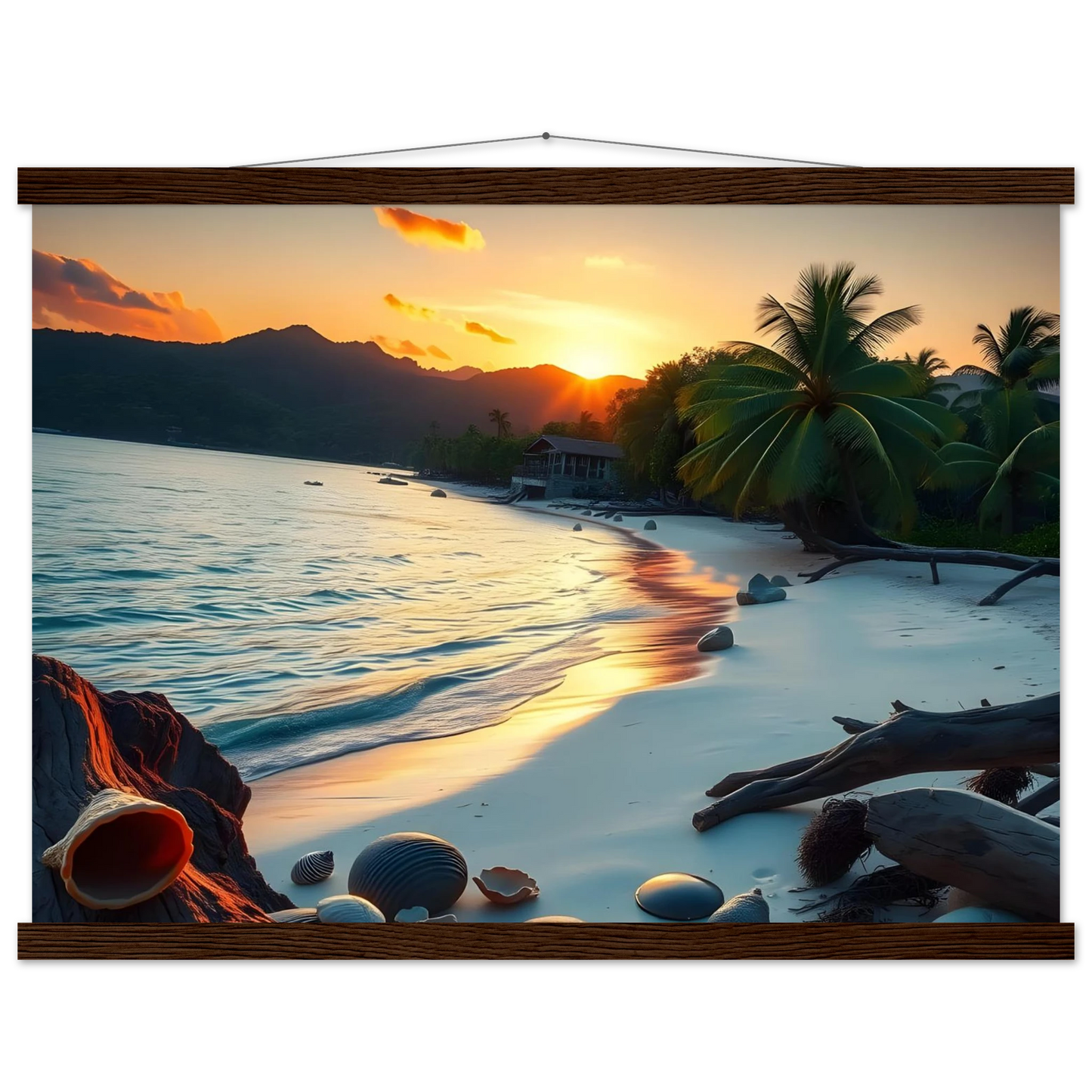 Framed tropical beach sunset scene wall decor for relaxing beach vibe