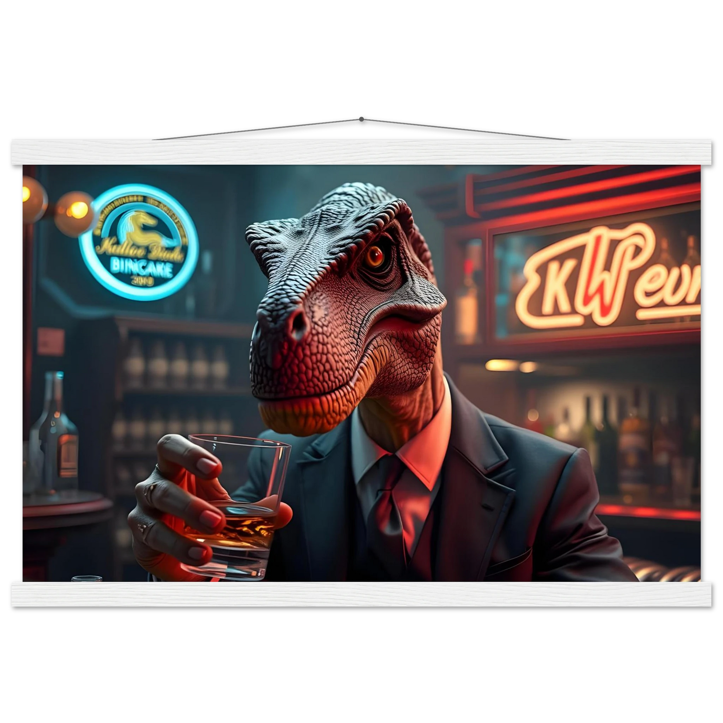 Dapper Dinosaur drinking whiskey on the Whiskey Raptor Hanging Poster by PixiOnyx