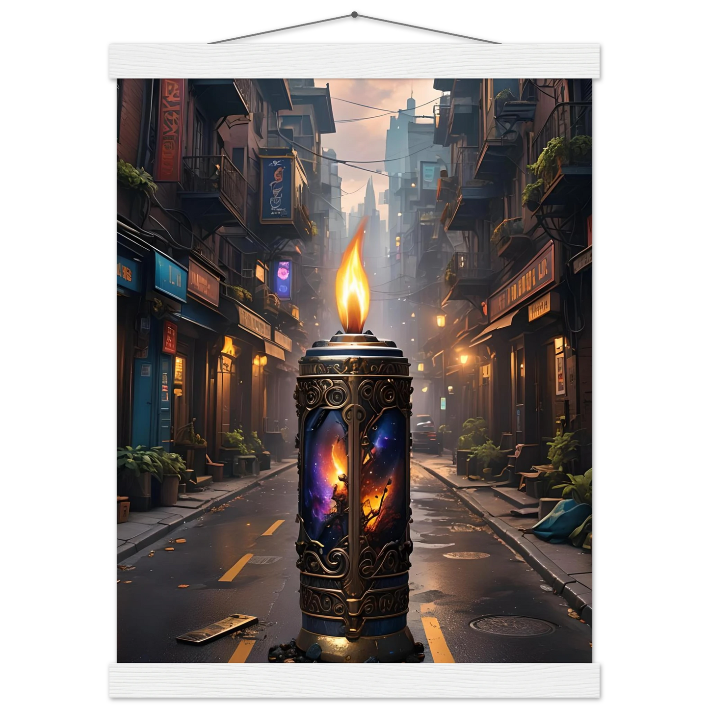 Ornate candle with cosmic imagery from Galactic Flame Hanging Matte Poster PixiOnyx Exclusive