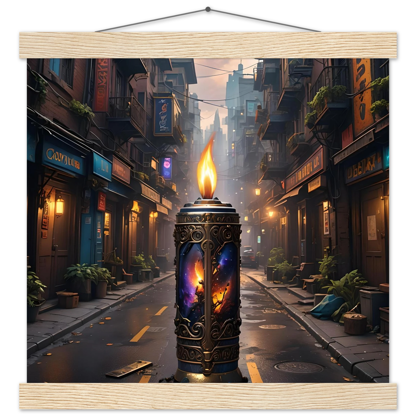 Ornate candle with cosmic imagery from Galactic Flame hanging matte poster PixiOnyx Exclusive