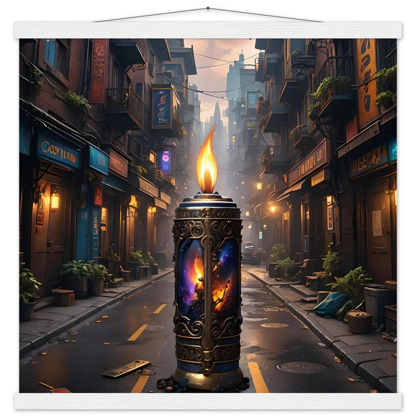Ornate candle featuring cosmic imagery for Galactic Flame Hanging Matte Poster PixiOnyx