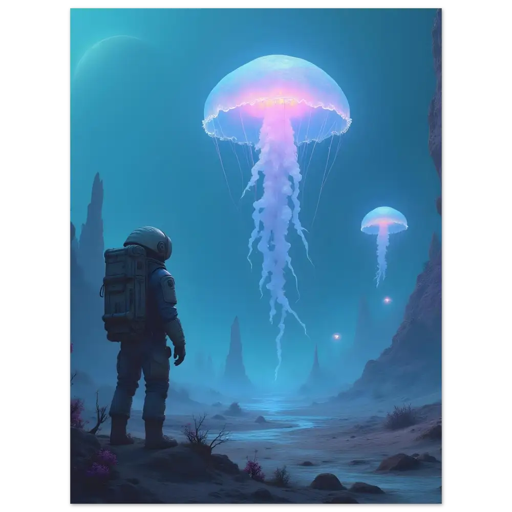 Astronaut gazing at bioluminescent jellyfish in space scene on Deep Drift Encounter poster