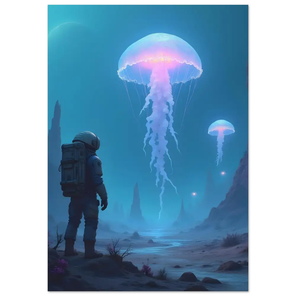 Astronaut gazing at bioluminescent jellyfish in space art poster Deep Drift Encounter