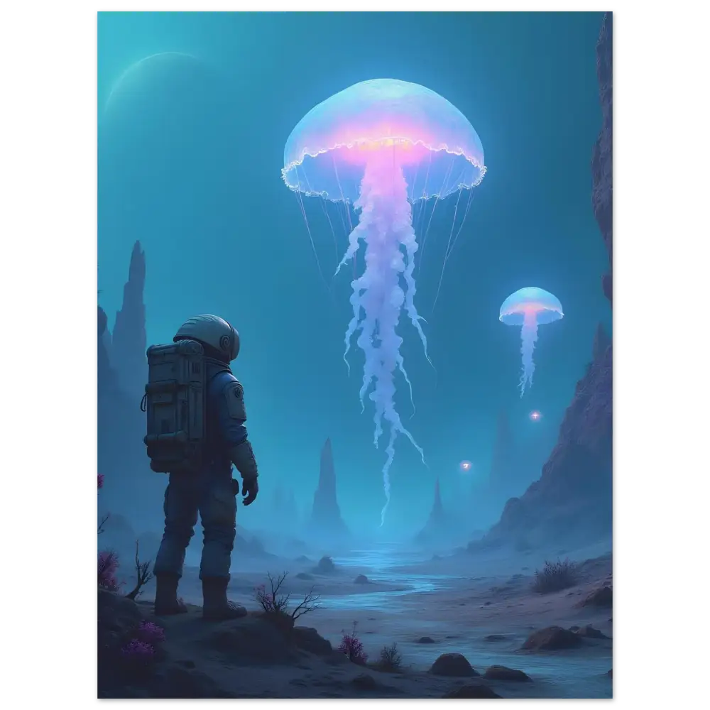 Astronaut gazing at bioluminescent jellyfish on Deep Drift Encounter Fine Art Poster