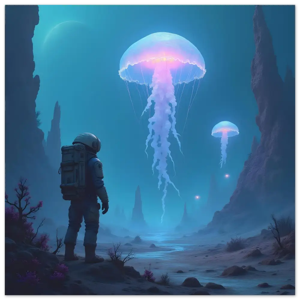 Astronaut observing glowing bioluminescent jellyfish in deep space art poster
