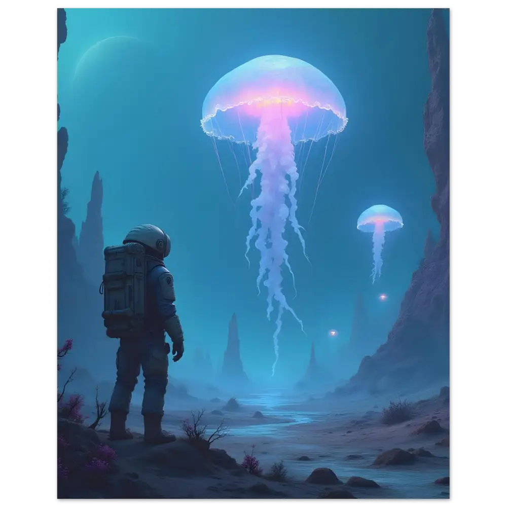 Astronaut gazing at glowing jellyfish in Deep Drift Encounter Fine Art Poster by PixiOnyx