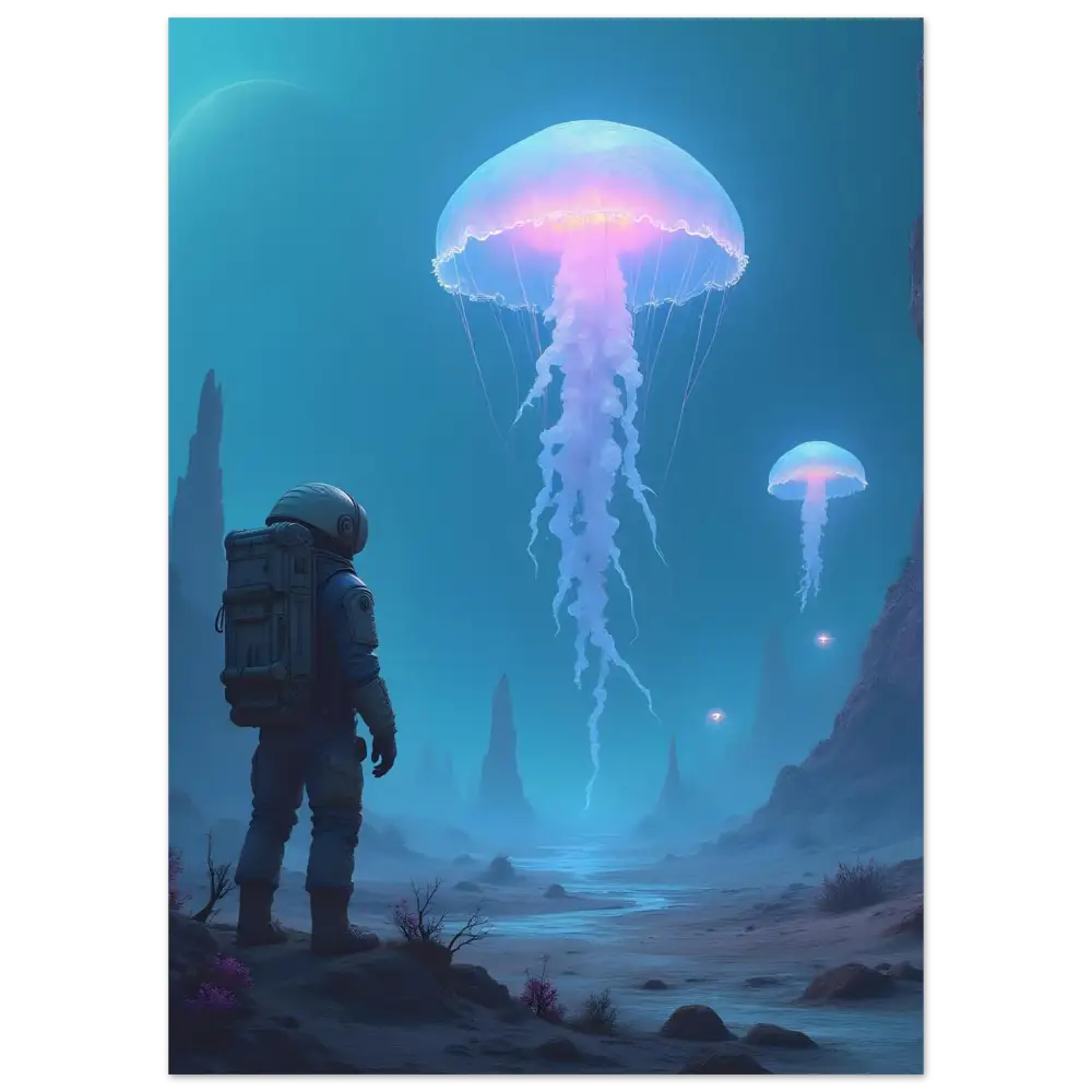 Astronaut observing bioluminescent jellyfish in space scene on PixiOnyx Deep Drift Encounter poster