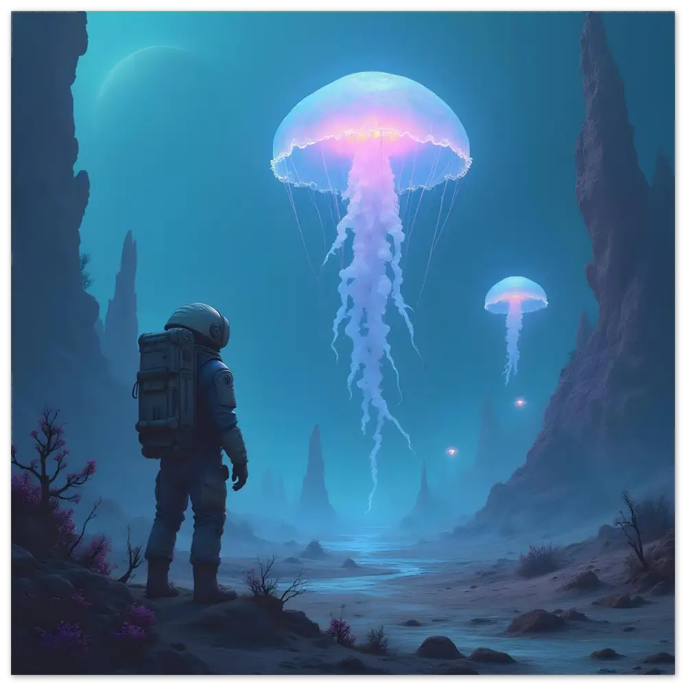 Astronaut observing bioluminescent jellyfish in space-themed PixiOnyx Fine Art Poster