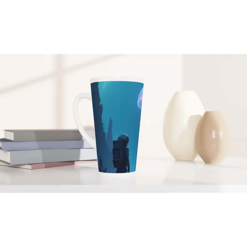 Tall mug with astronaut design from the Deep Drift Encounter Latte Mug Galactic Bloom collection