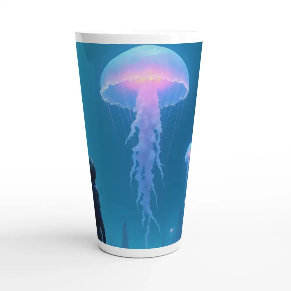 Deep Drift Encounter Latte Mug with Jellyfish Design from PixiOnyx Cosmic Reflection Cup